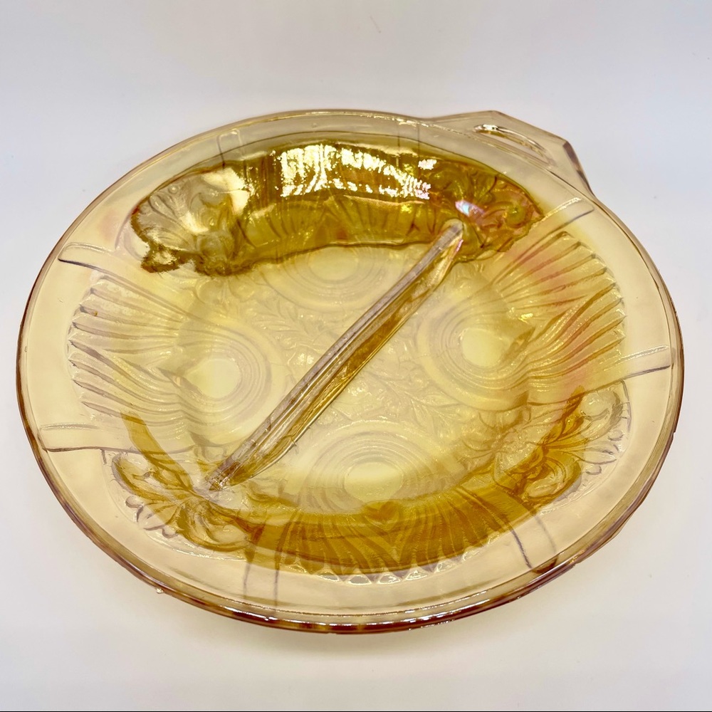 Iridescent Amber Marigold Carnival Glass Handled Divided Candy Nut Bowl 7.5"